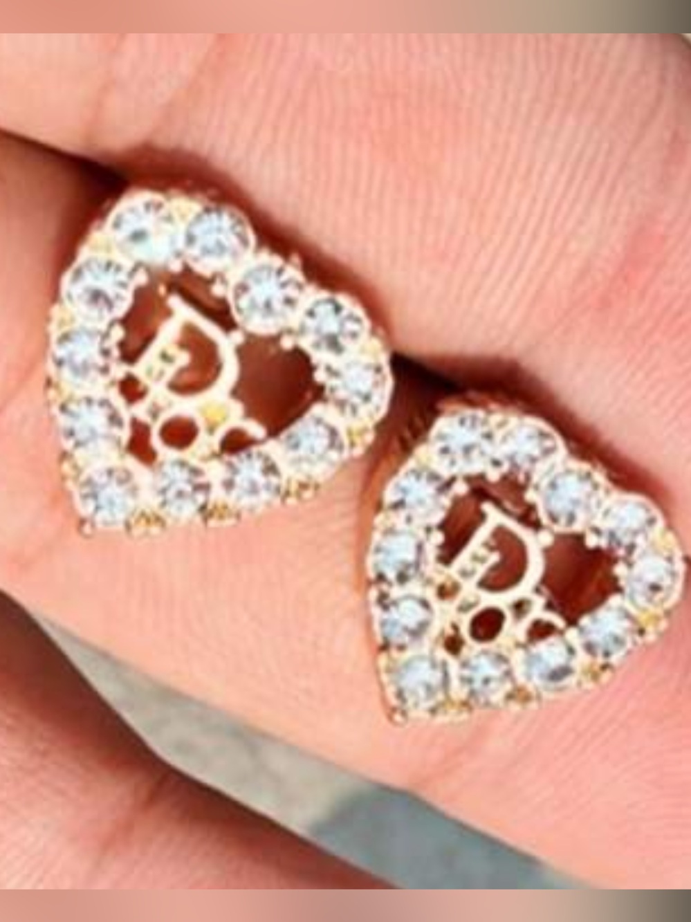 Dior Gold-Tone Heart Stud Earrings with Crystal Halo